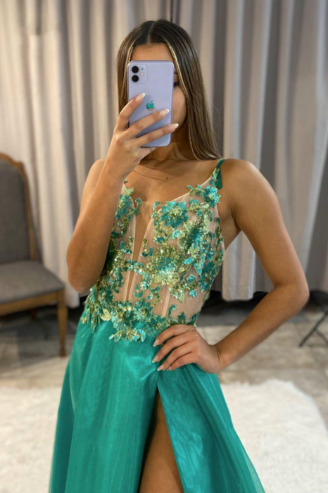 Green V-Neck Appliqued A-Line Long Prom Dress with Slit