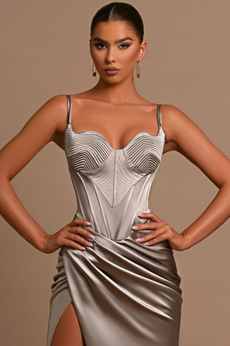 Grey Evening Dress Ball Gown with Slit Pleated Spaghetti Straps