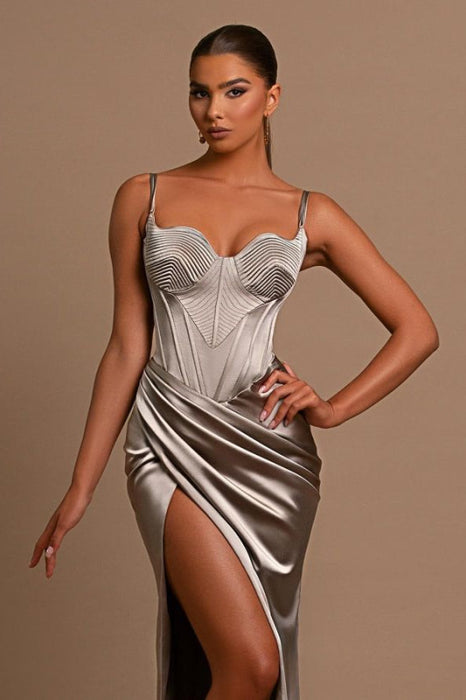 Grey Evening Dress Ball Gown with Slit Pleated Spaghetti Straps