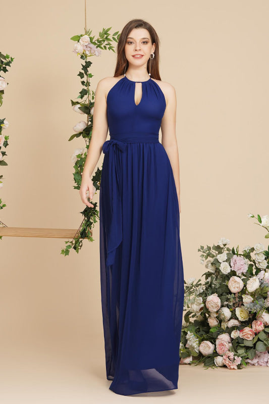 Halter Chiffon Aline Bridesmaid Dress with Sash Elegant Floor Length Formal Dress - Royal Blue / US 2 - Prom Dresses