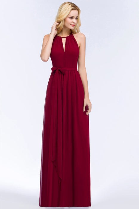 Halter Chiffon Aline Bridesmaid Dress with Sash Elegant Floor Length Formal Dress - Burgundy / US 2 - Prom Dresses