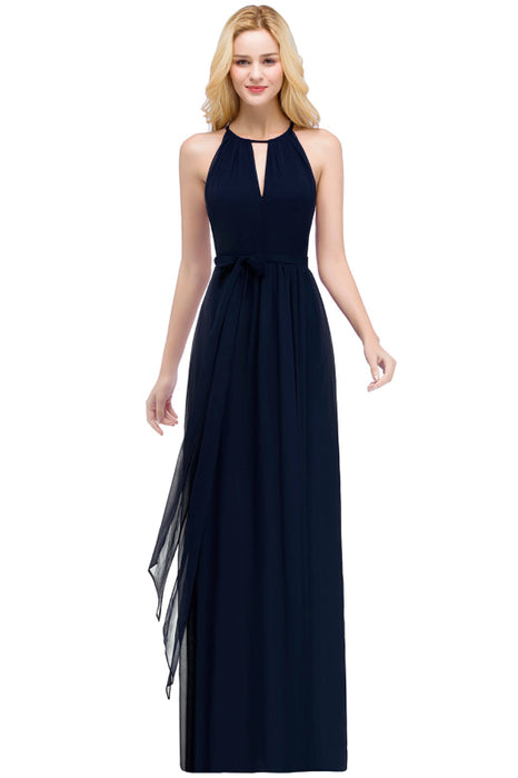 Halter Chiffon Aline Bridesmaid Dress with Sash Elegant Floor Length Formal Dress - Navy Blue / US 2 - Prom Dresses