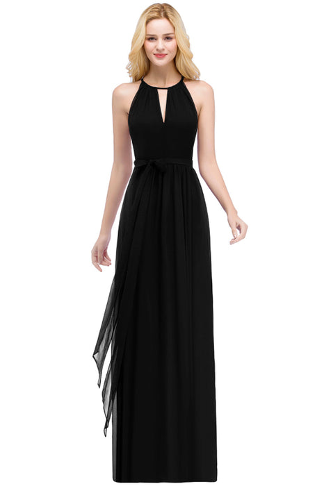 Halter Chiffon Aline Bridesmaid Dress with Sash Elegant Floor Length Formal Dress - Black / US 2 - Prom Dresses