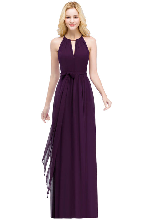 Halter Chiffon Aline Bridesmaid Dress with Sash Elegant Floor Length Formal Dress - Grape / US 2 - Prom Dresses