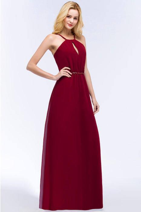 Bridelily Burgundy Spaghetti Straps Long Bridesmaid Dress with Beading Sash