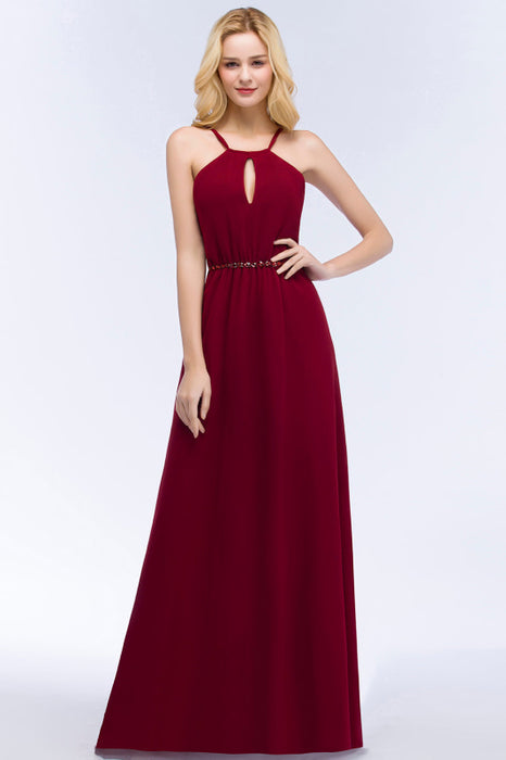 Bridelily Burgundy Spaghetti Straps Long Bridesmaid Dress with Beading Sash