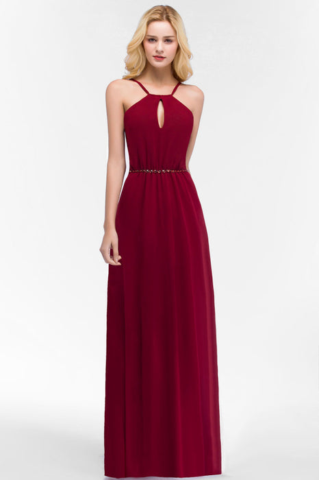 Bridelily Burgundy Spaghetti Straps Long Bridesmaid Dress with Beading Sash