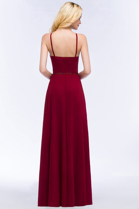 Bridelily Burgundy Spaghetti Straps Long Bridesmaid Dress with Beading Sash