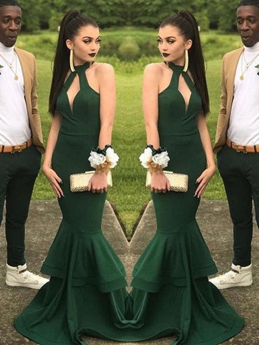 Halter Floor-Length With Ruffles Elastic Woven Satin Dresses - Prom Dresses