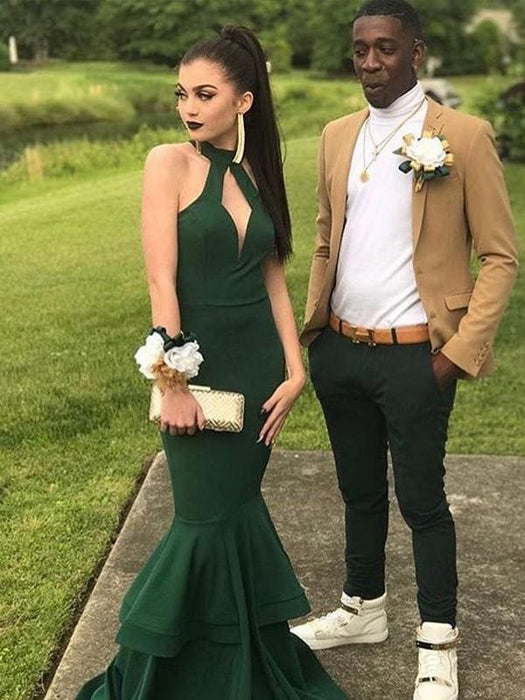 Halter Floor-Length With Ruffles Elastic Woven Satin Dresses - Prom Dresses