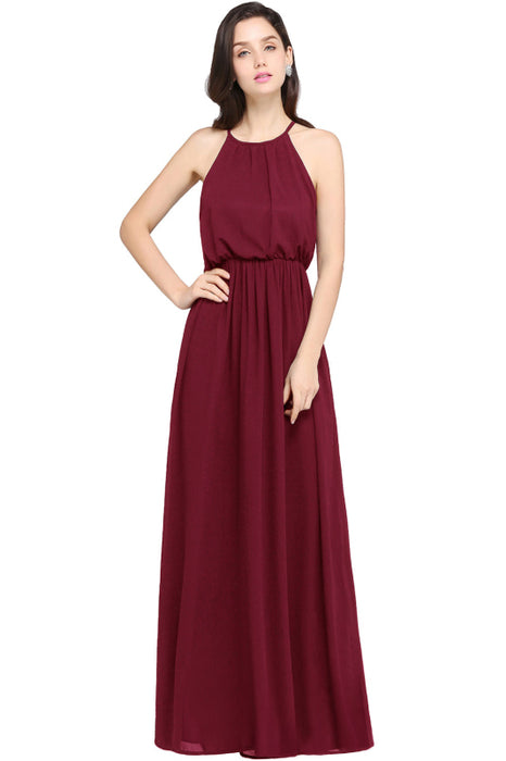 Halter Ruffle Chiffon Bridesmaid Dress Floor Length Casual Wear Dress - Burgundy / S - Prom Dresses