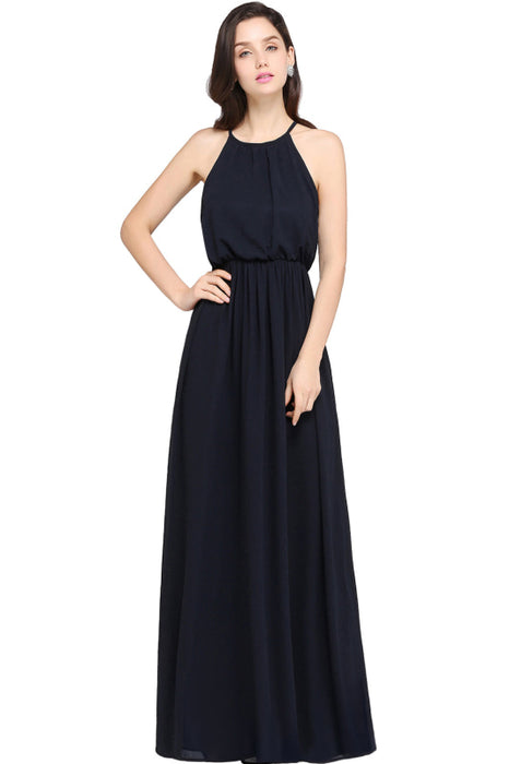 Halter Ruffle Chiffon Bridesmaid Dress Floor Length Casual Wear Dress - Navy Blue / S - Prom Dresses