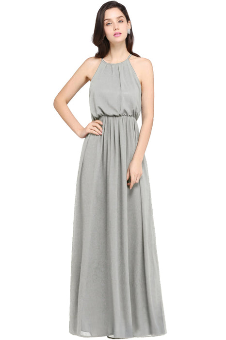 Halter Ruffle Chiffon Bridesmaid Dress Floor Length Casual Wear Dress - Silver / S - Prom Dresses