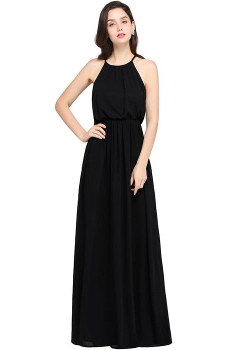 Halter Ruffle Chiffon Bridesmaid Dress Floor Length Casual Wear Dress - Black / S - Prom Dresses