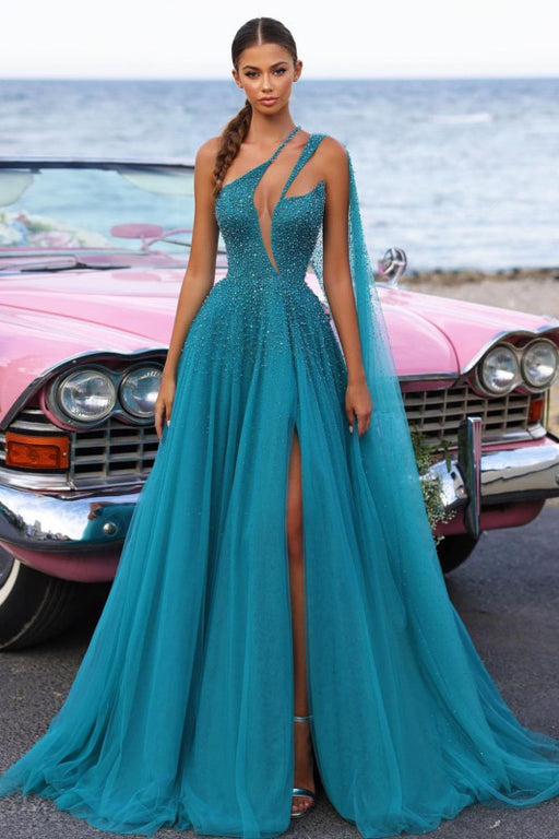 Heavy Tulle Prom Dress Green Sequins with Trail High Slit