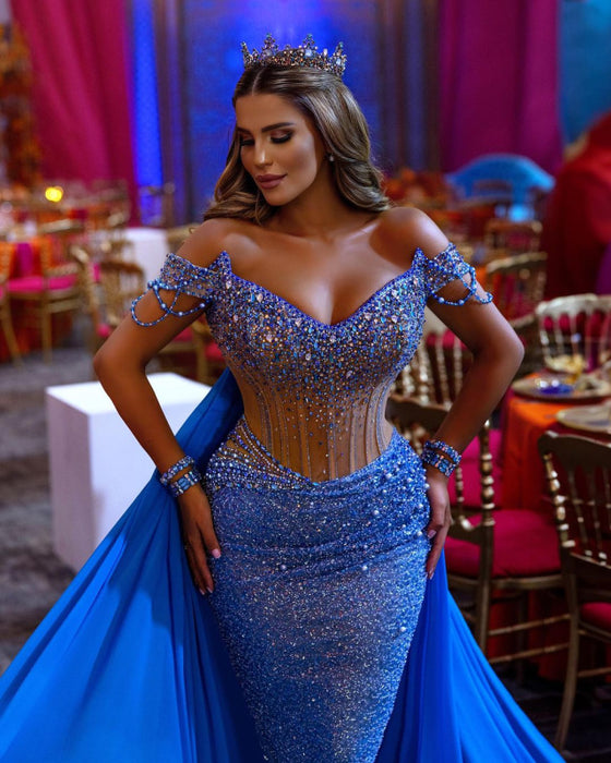 Heavy V Neck Off-the-Shoulder Prom Dress with Sequins Beadings