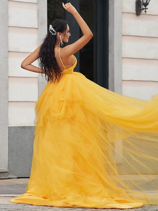 High-Low Tulle Prom Gown with Delicate Spaghetti Straps