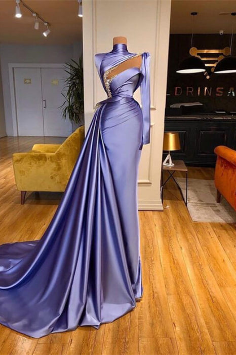 High Neck Long Sleeves Mermaid Prom Dress with Beadings and Ruffles