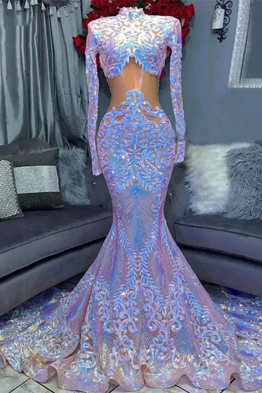 High Neck Long Sleeves Mermaid Prom Dress with Sequins and Lace