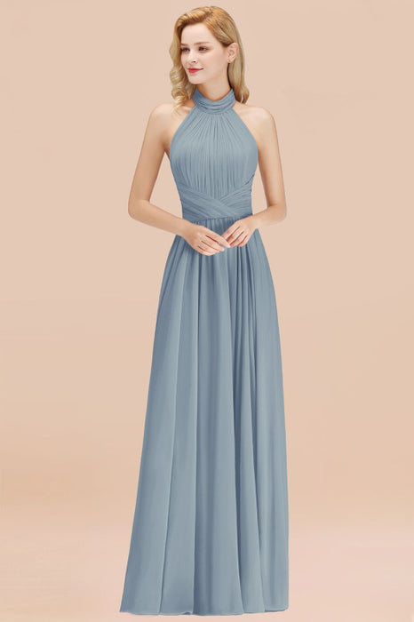 Bridelily Gorgeous High-Neck Halter Backless Bridesmaid Dress Dusty Rose Chiffon Maid of Honor Dress