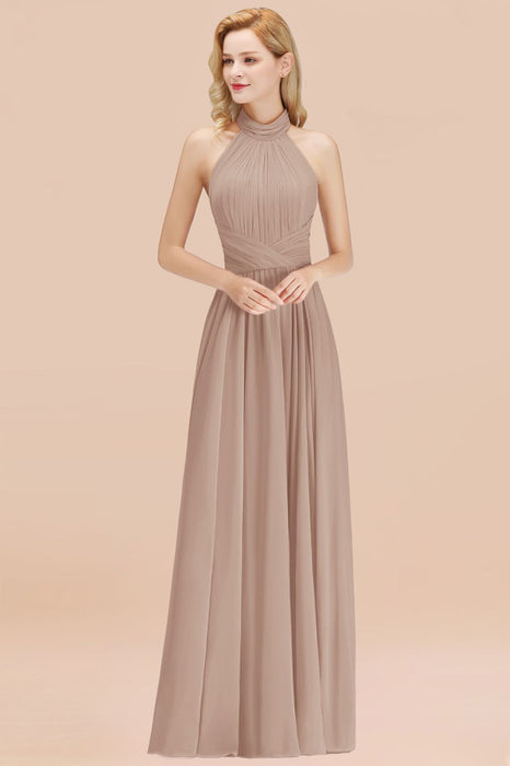 Bridelily Gorgeous High-Neck Halter Backless Bridesmaid Dress Dusty Rose Chiffon Maid of Honor Dress