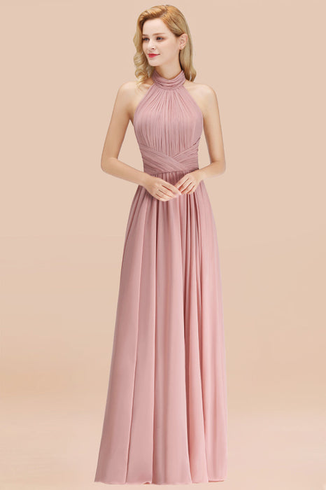 Bridelily Gorgeous High-Neck Halter Backless Bridesmaid Dress Dusty Rose Chiffon Maid of Honor Dress