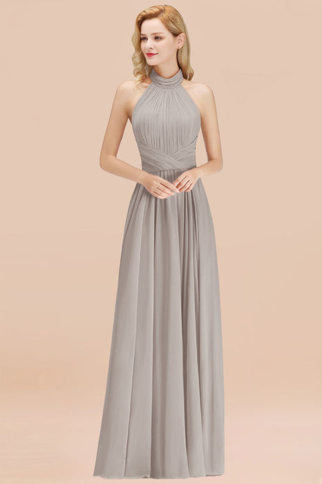 Bridelily Gorgeous High-Neck Halter Backless Bridesmaid Dress Dusty Rose Chiffon Maid of Honor Dress