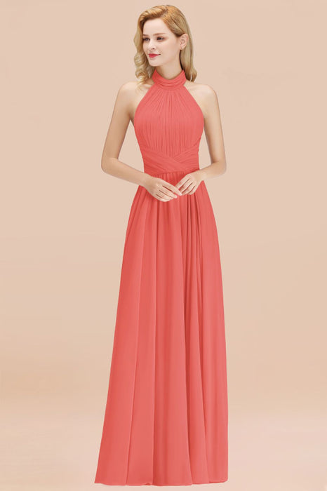 Bridelily Gorgeous High-Neck Halter Backless Bridesmaid Dress Dusty Rose Chiffon Maid of Honor Dress