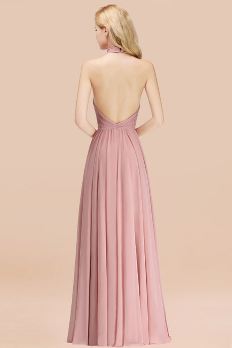 Bridelily Gorgeous High-Neck Halter Backless Bridesmaid Dress Dusty Rose Chiffon Maid of Honor Dress