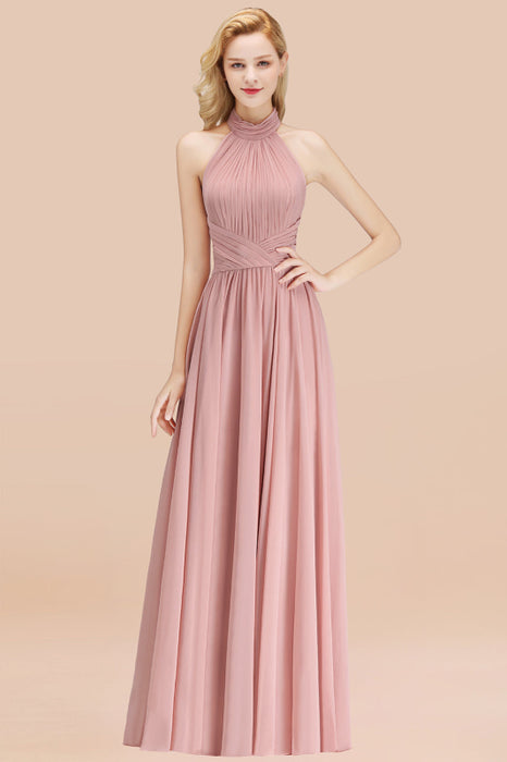 Bridelily Gorgeous High-Neck Halter Backless Bridesmaid Dress Dusty Rose Chiffon Maid of Honor Dress