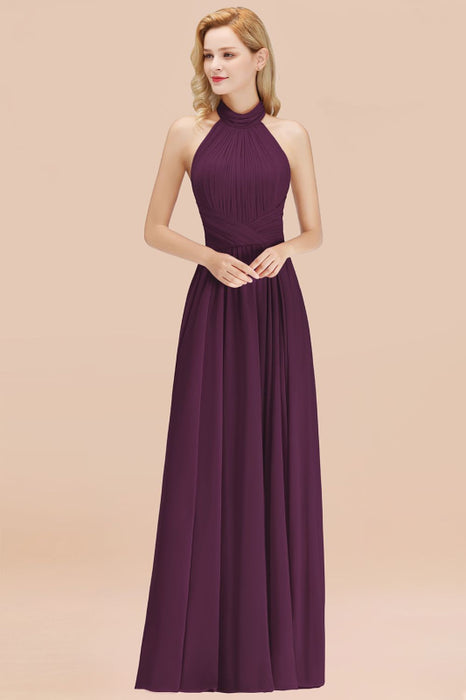 Bridelily Gorgeous High-Neck Halter Backless Bridesmaid Dress Dusty Rose Chiffon Maid of Honor Dress