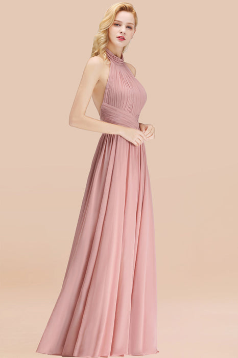 Bridelily Gorgeous High-Neck Halter Backless Bridesmaid Dress Dusty Rose Chiffon Maid of Honor Dress