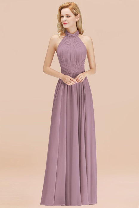 Bridelily Gorgeous High-Neck Halter Backless Bridesmaid Dress Dusty Rose Chiffon Maid of Honor Dress