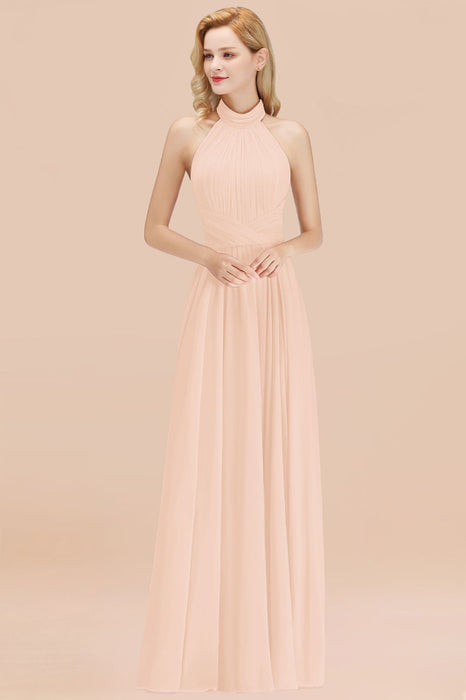 Bridelily Gorgeous High-Neck Halter Backless Bridesmaid Dress Dusty Rose Chiffon Maid of Honor Dress