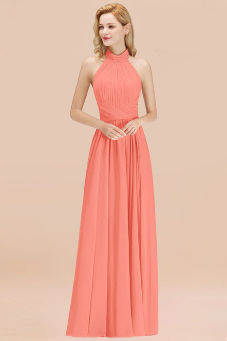 Bridelily Gorgeous High-Neck Halter Backless Bridesmaid Dress Dusty Rose Chiffon Maid of Honor Dress