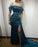 Ink Blue Prom Dress Spaghetti Strap Charmeuse Sleeveless High Slit