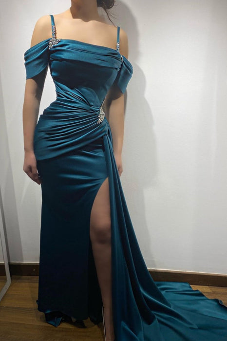 Ink Blue Prom Dress Spaghetti Strap Charmeuse Sleeveless High Slit