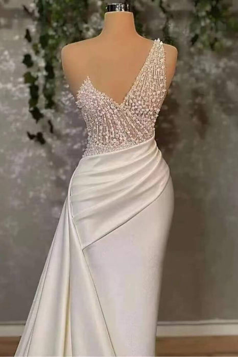 Ivory Elegant One Shoulder Applique Prom Dress Mermaid With Ruffles