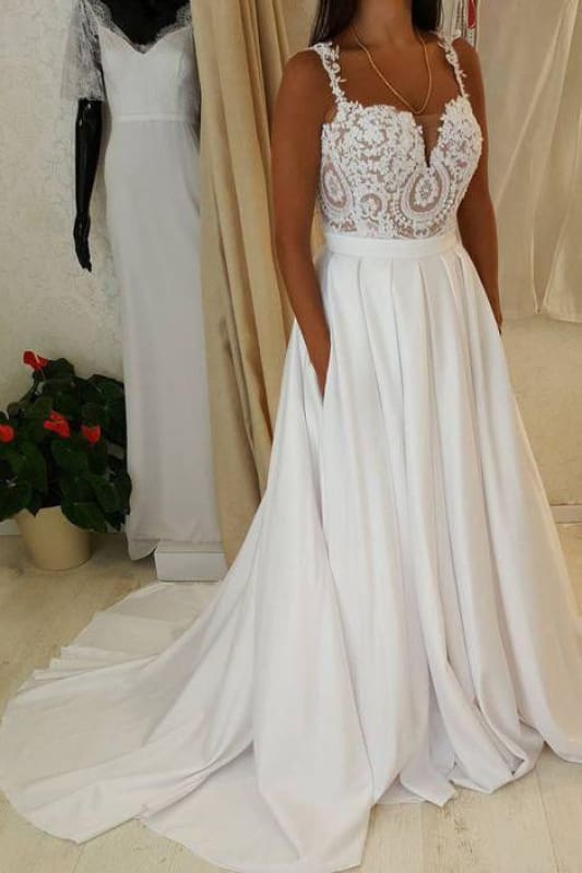 Ivory Spaghetti Strap Lace Top A-line Sweetheart Beach Wedding Dress - Wedding Dresses