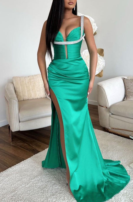 Jade Sleeveless Spaghetti-Strap V-Neck Mermaid Prom Dress with High Slit