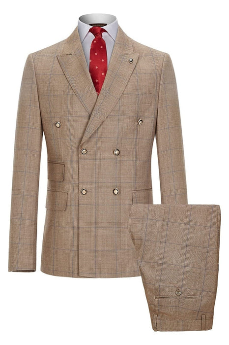 Archer Newest Khaki Double Breasted Plaid Business Suits