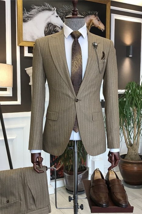 Bernie Decent Khaki Peaked Lapel Striped Business Suits For Men