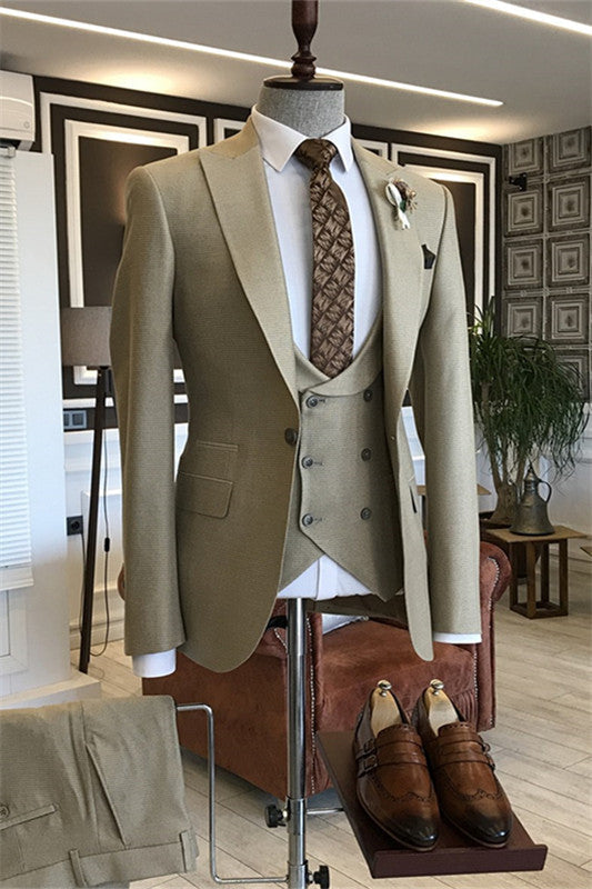 Cameron Bespoke Khaki Peaked Lapel Three Pieces Men Suits For Prom