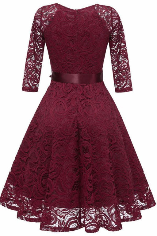 Lace 3/4 Sleeve V-Neck Red Hollow Out Female Robe Dress - lace dresses