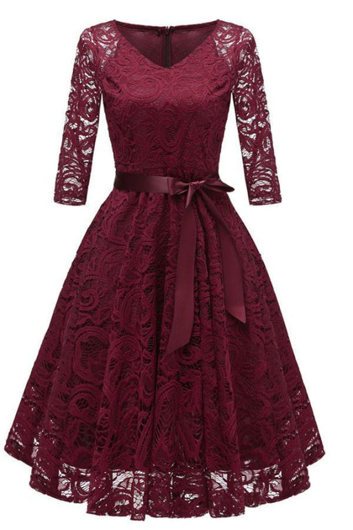 Lace 3/4 Sleeve V-Neck Red Hollow Out Female Robe Dress - lace dresses