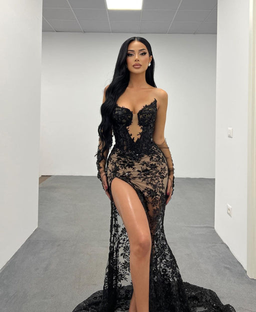 Lace Black Long Prom Dress with High Slit Gown and Printing