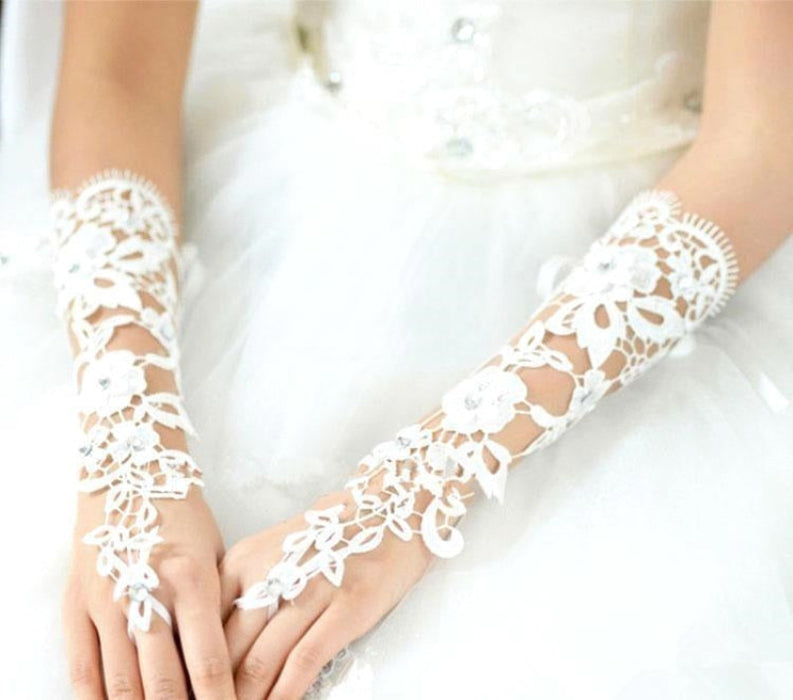 Lace Crystal Beaded Fingerless Wedding Gloves | Bridelily - wedding gloves