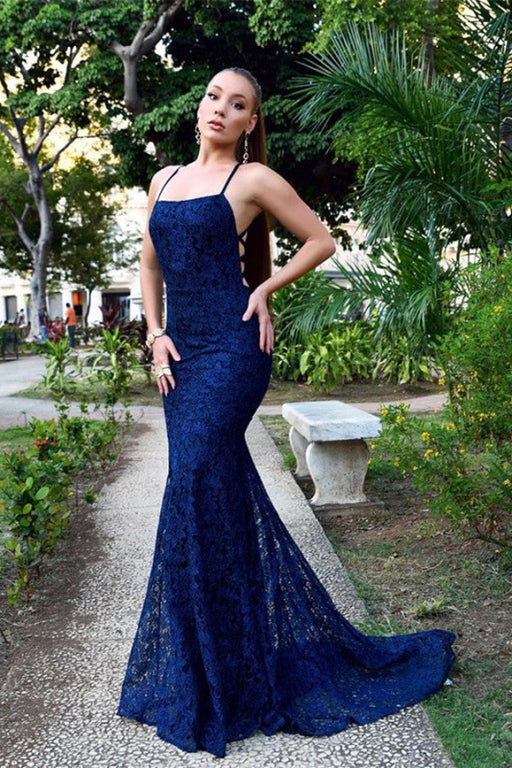 Lace Mermaid Evening Dress in Navy Blue