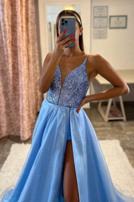 Lace-Up V-Neck Prom Gown with Sultry Slit