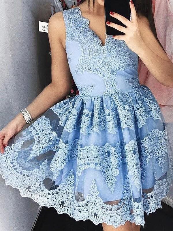 Lace V-neck Sleeveless A-line Short/Mini With Ruffles Dresses - Prom Dresses